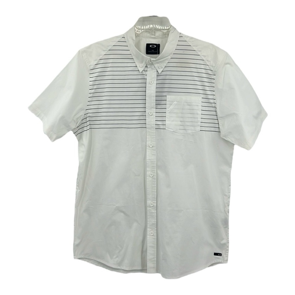 NWT’S Oakley Woven Short Sleeve Button Striped White and Grey Shirt SZ L